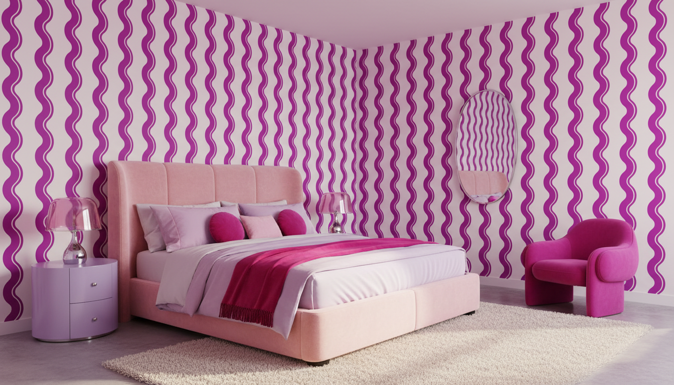 Hot pink wavy stripe wallpaper – design detail