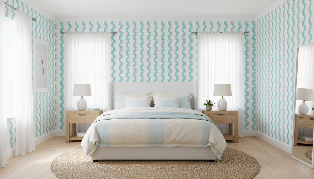 Teal wavy stripe wallpaper – design detail