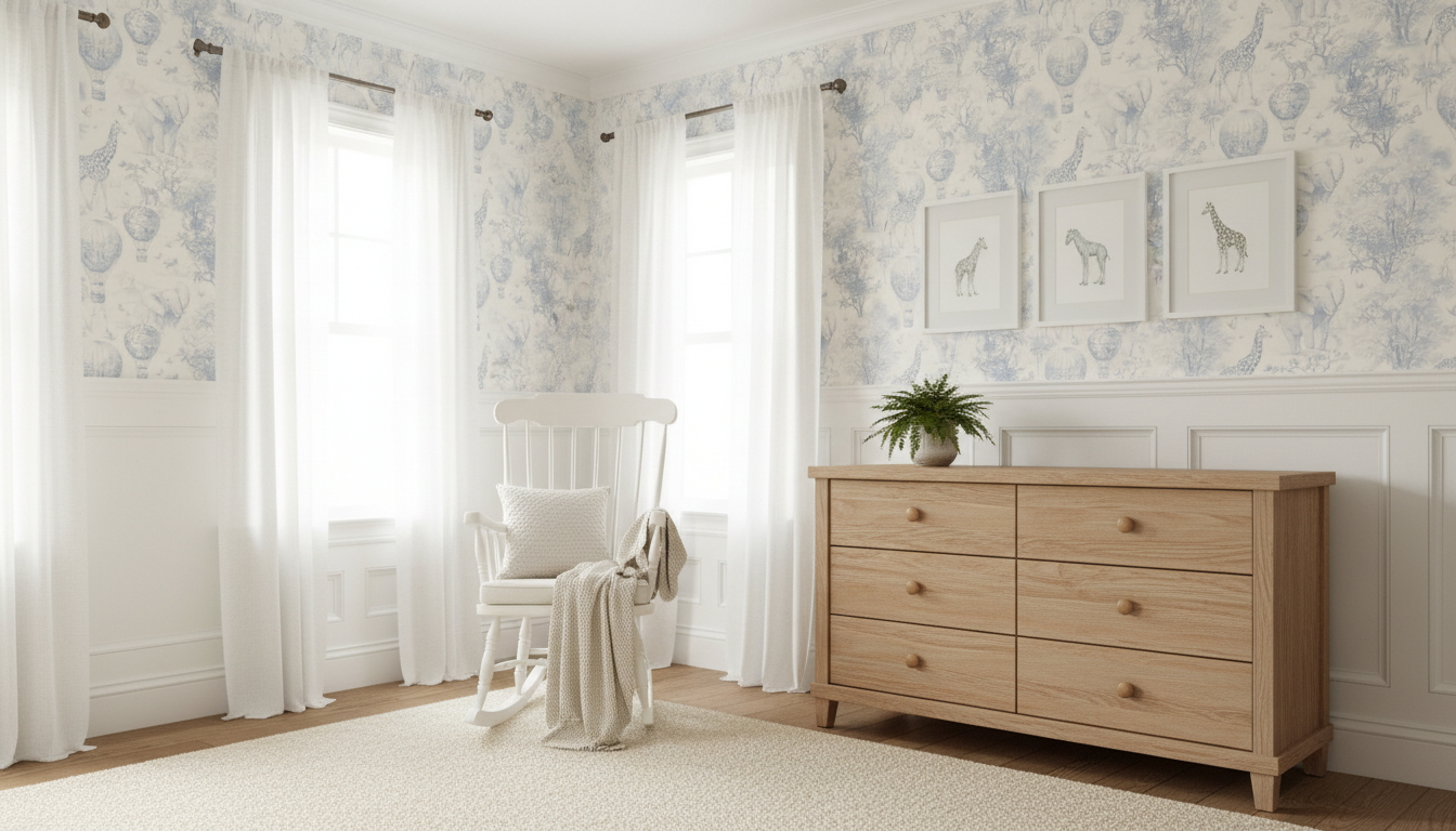 Vintage blue safari toile nursery wallpaper – design detail