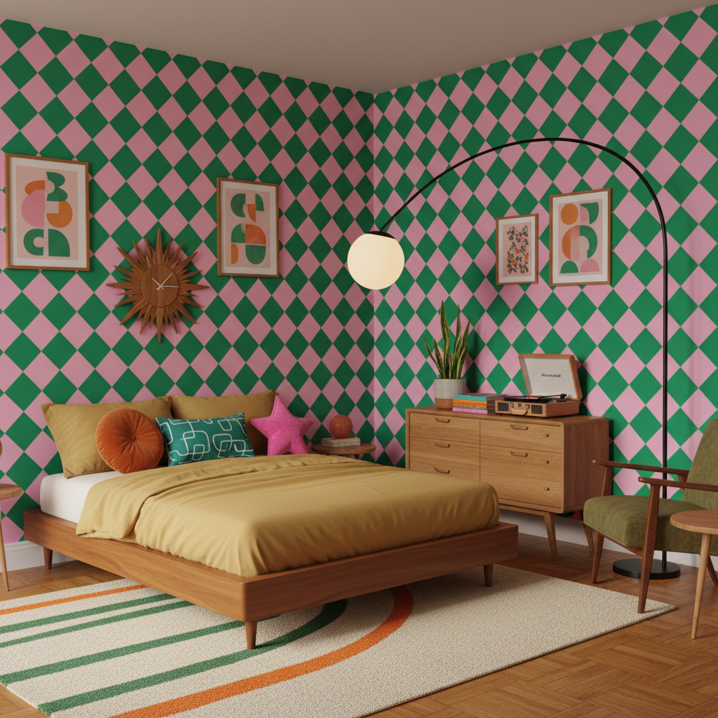 Pink & Green Diamond Retro Wallpaper