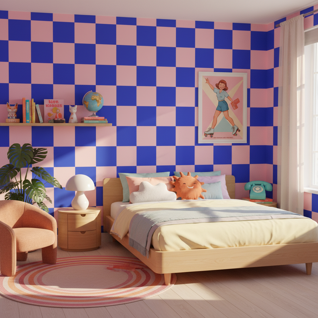 Pink and Blue Retro Checkerboard Wallpaper