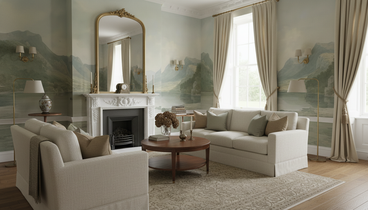 Soft green valley and lake wall mural wallpaper – design detail