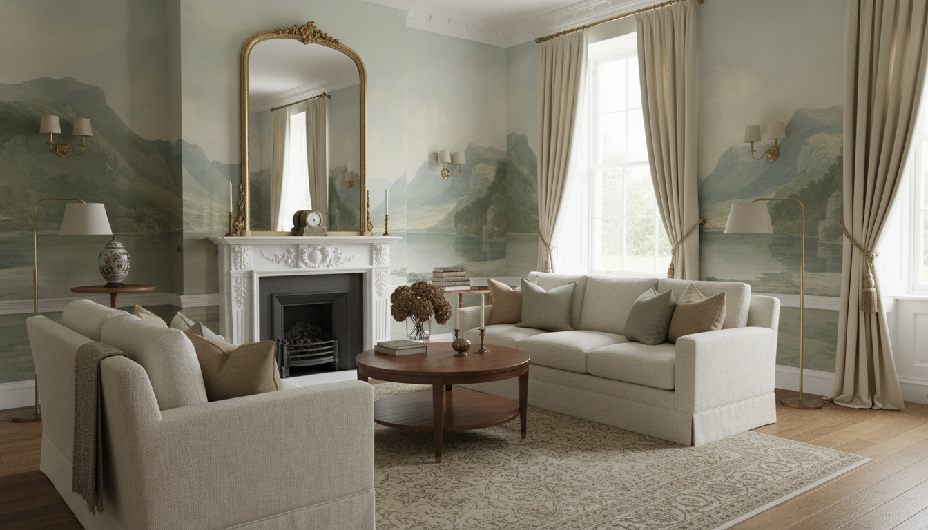 Soft green valley and lake wall mural wallpaper – design detail