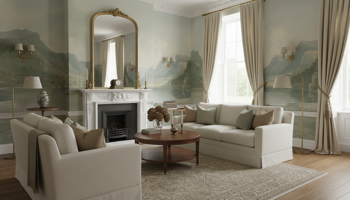 Soft green valley and lake wall mural wallpaper – design detail