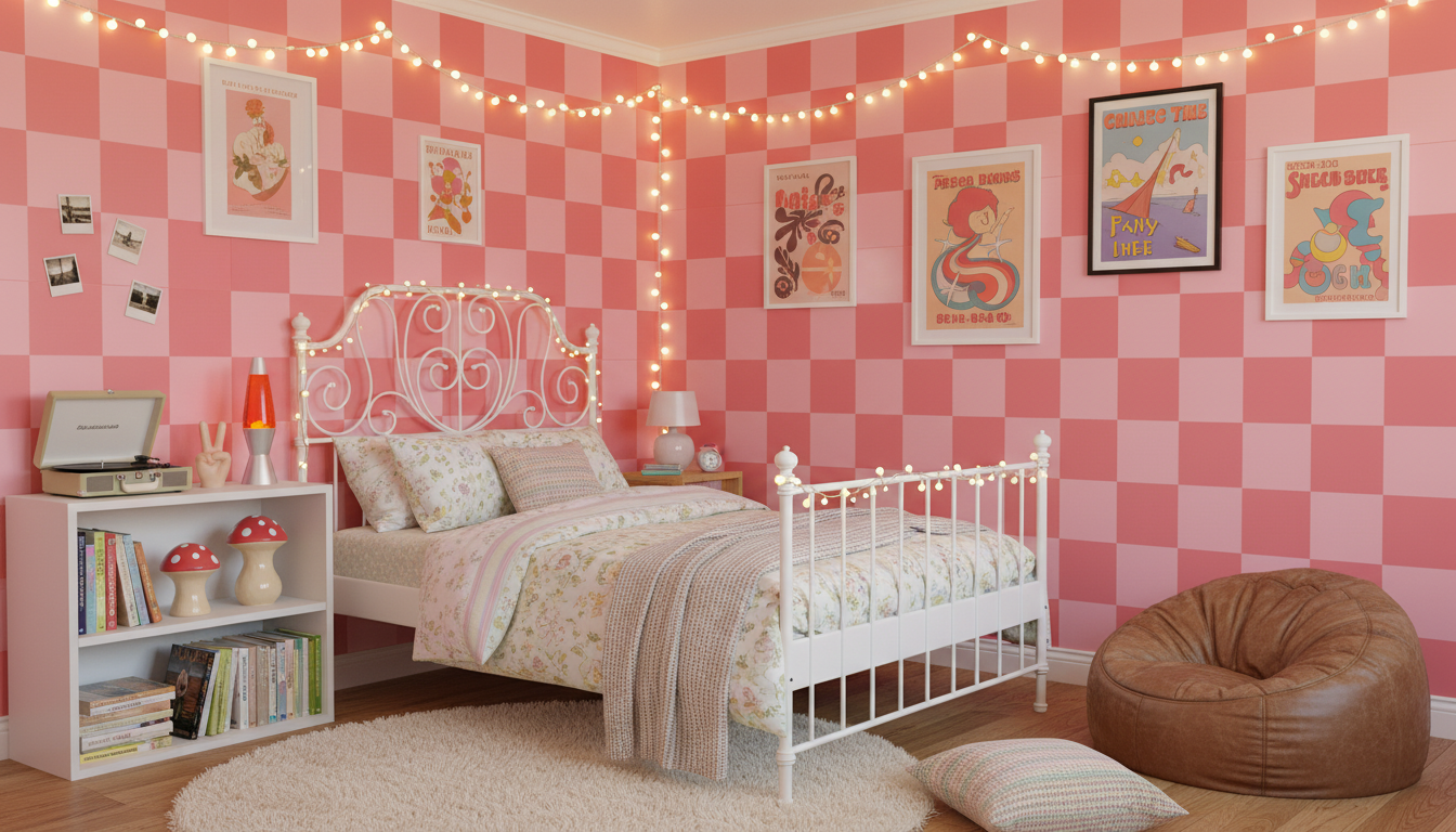 Pink retro checkerboard wallpaper – design detail
