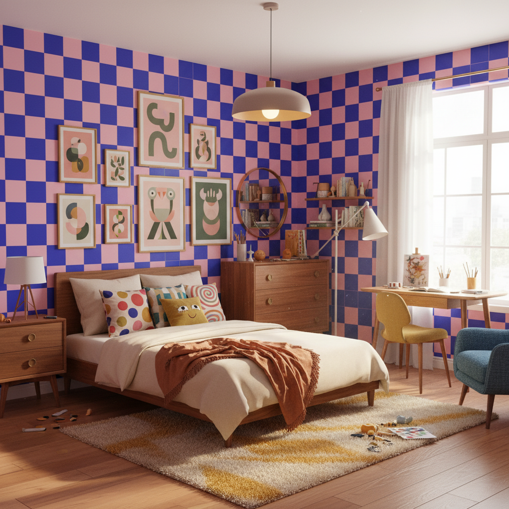 Pink and blue retro checkerboard wallpaper – design detail