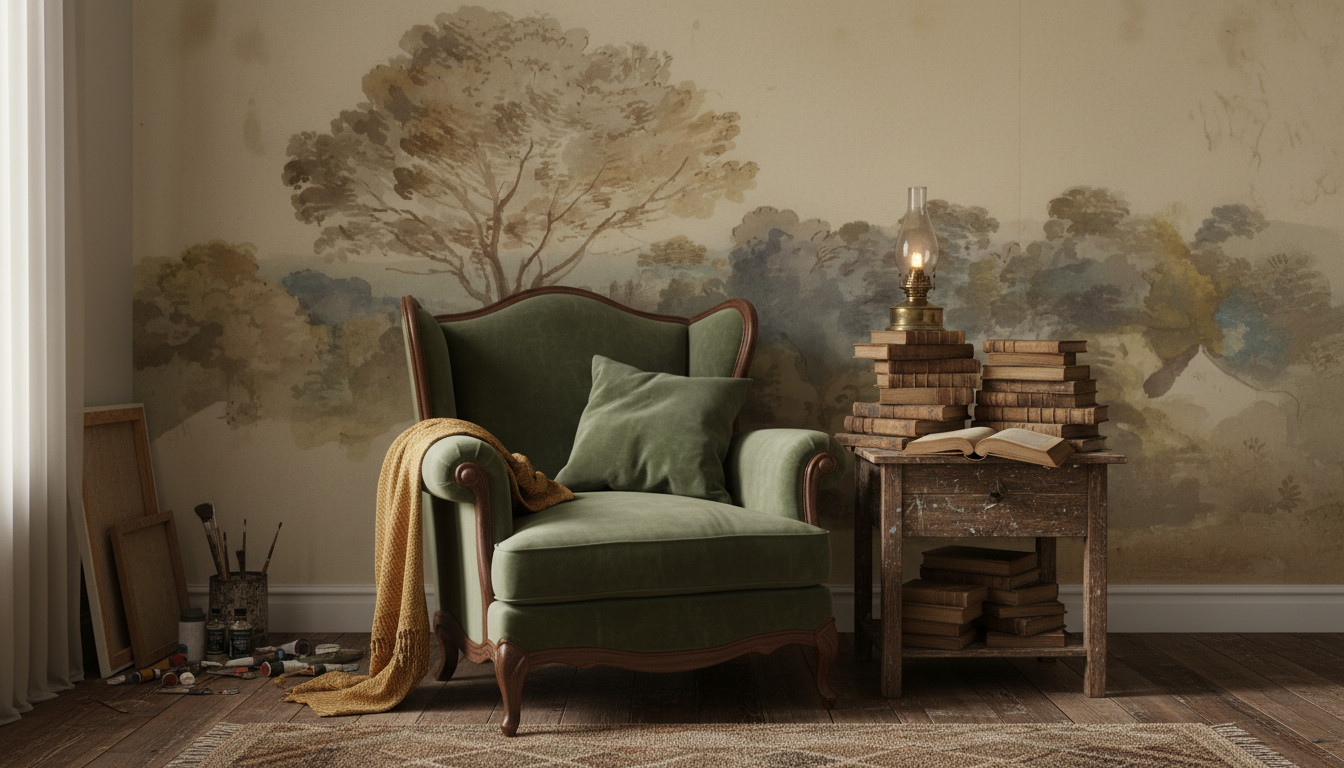 Vintage countryside tree mural wallpaper – design detail