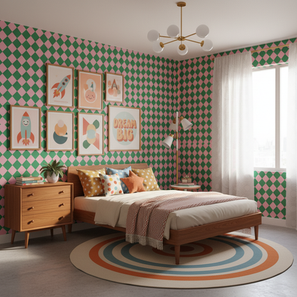 Pink & Green Diamond Retro Wallpaper