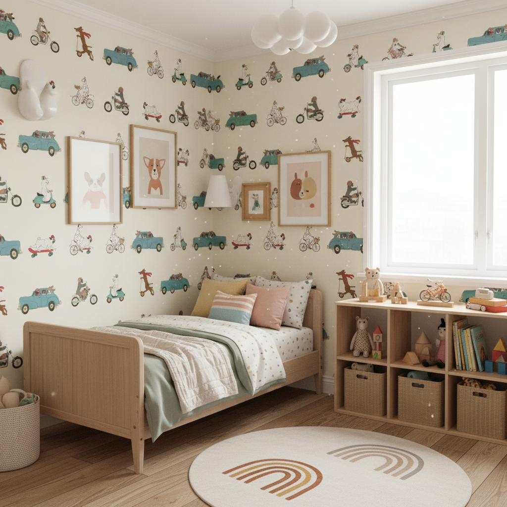 Retro animal transport vintage kids' wallpaper – design detail