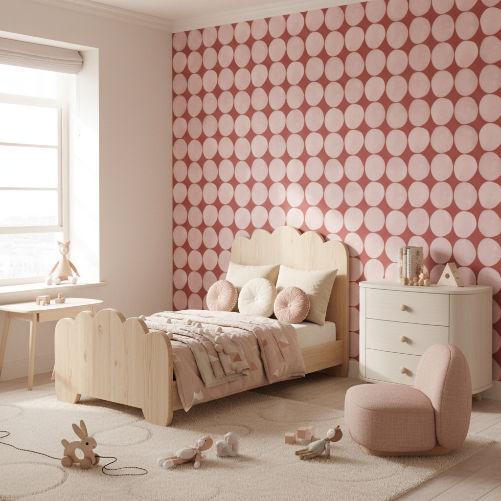 Blush retro dot nursery wallpaper – design detail