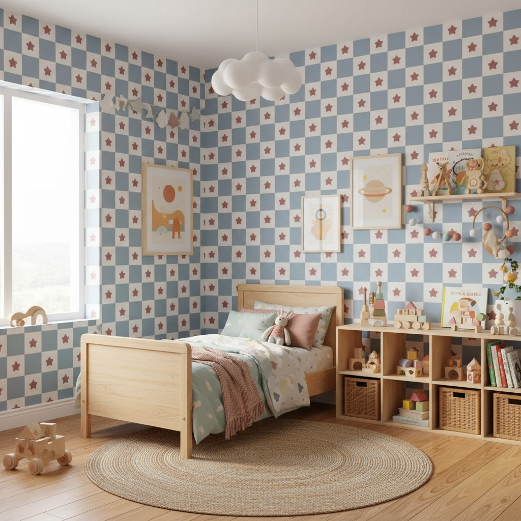 Retro checkerboard blue kids' wallpaper – design detail