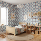 Retro checkerboard blue kids' wallpaper – design detail