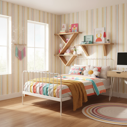 Children's bedroom with striped walls, a bed with colorful bedding, and shelves.