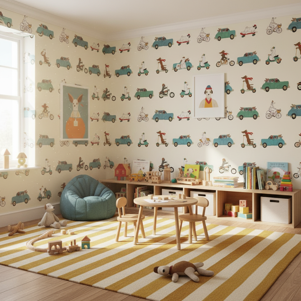 Retro animal transport vintage kids' wallpaper