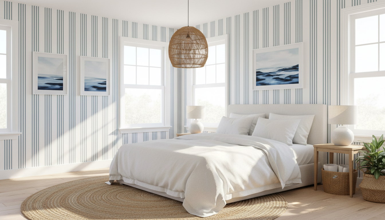Modern bedroom with white bedding, striped walls, and natural light.