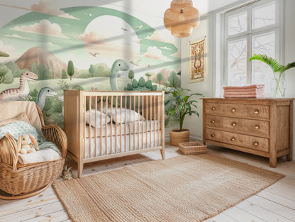 Nursery styled with Friendly Valley Dinosaur Mural, neutral furniture, wooden crib, jute rug, and soft lighting.