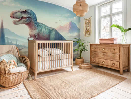 Epic T-Rex dinosaur mural wallpaper full wall view with lifelike Tyrannosaurus bursting through rocks, perfect for kids’ bedroom feature wall.