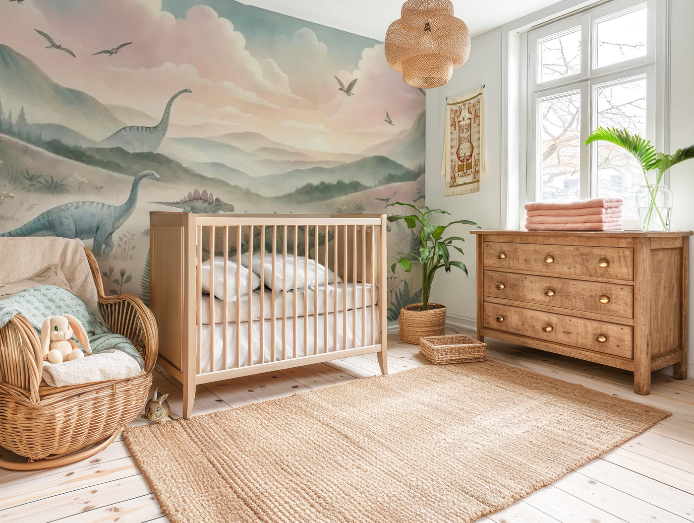 Pastel peaks dinosaur mural wallpaper for a nursery