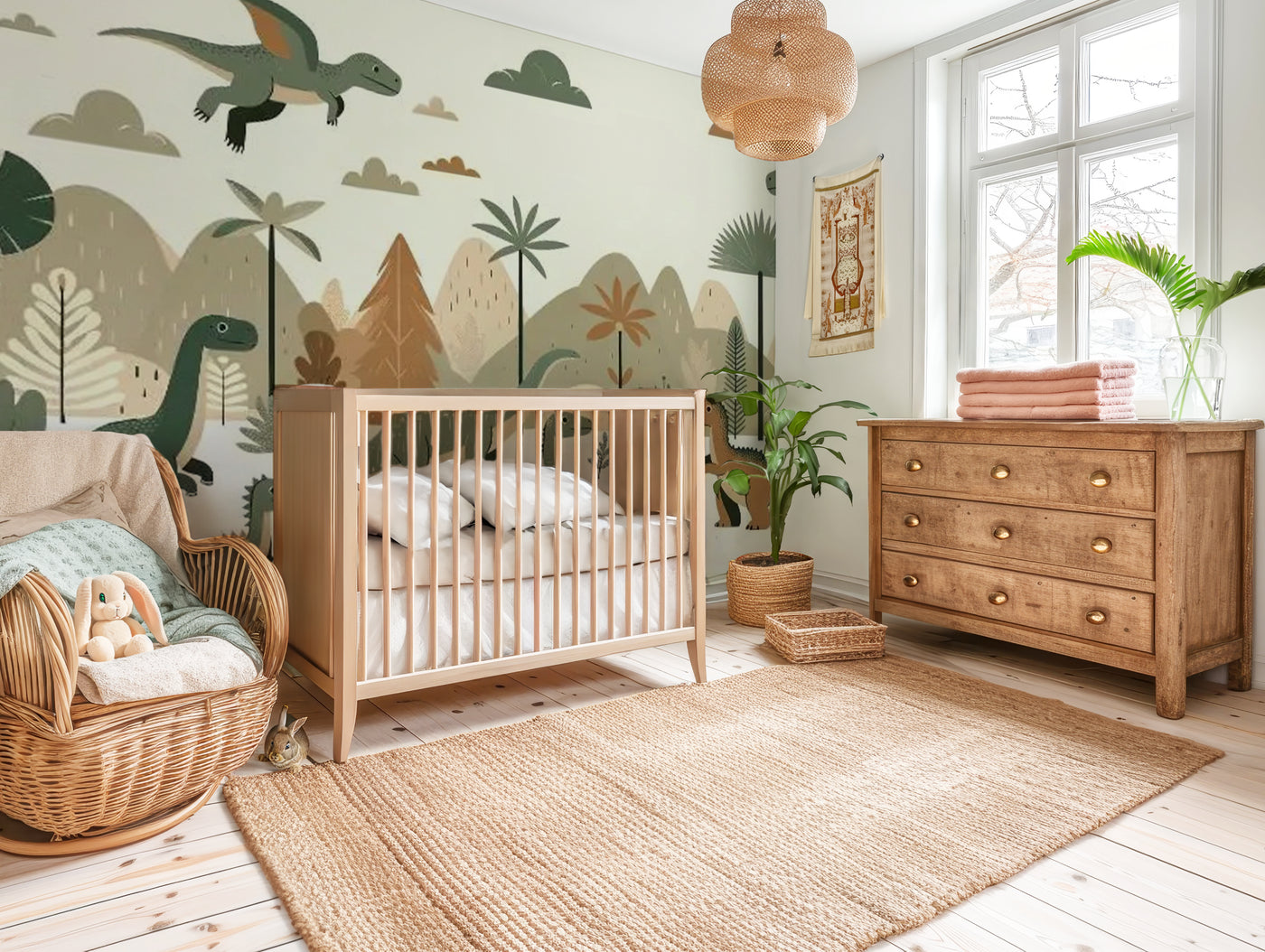 Flying friends dinosaur mural wallpaper for a nursery