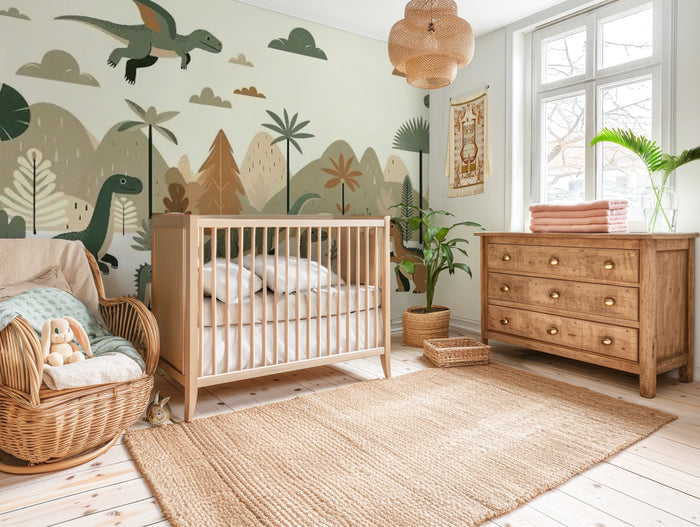 Flying friends dinosaur mural wallpaper for a nursery