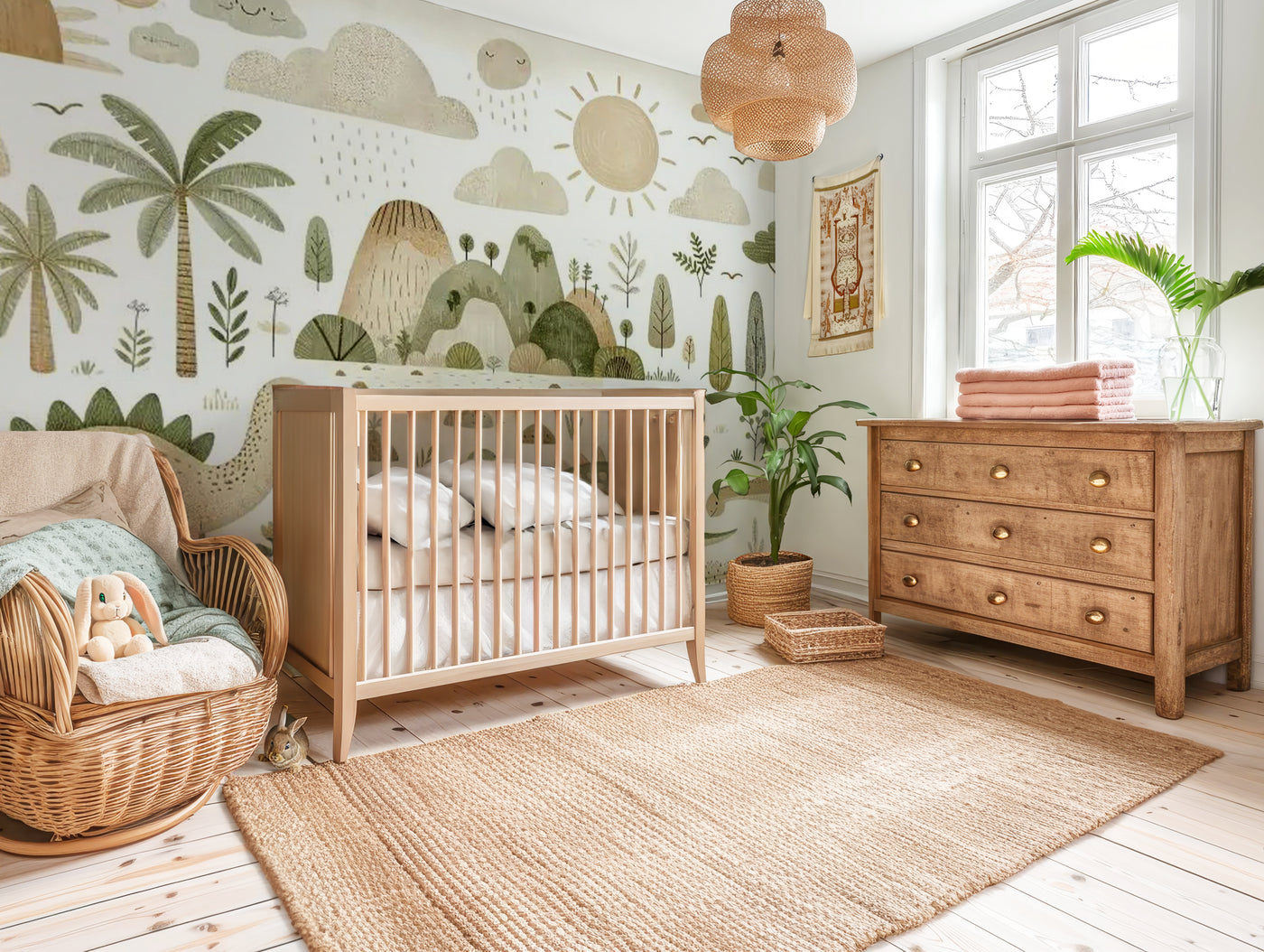 Sunny grove dinosaur nursery mural wallpaper – design detail
