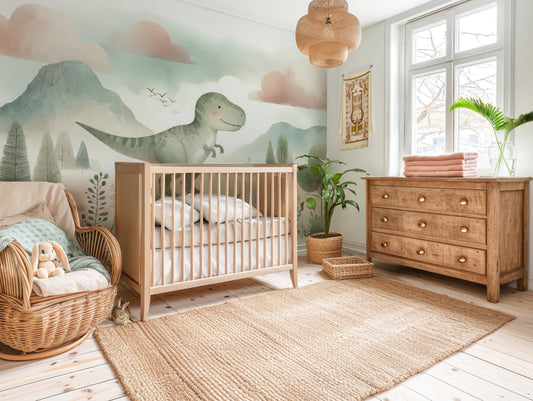 T-Rex dinosaur mural wallpaper featuring a smiling friendly Tyrannosaurus with soft colours, styled in a kids room with natural wood furniture.