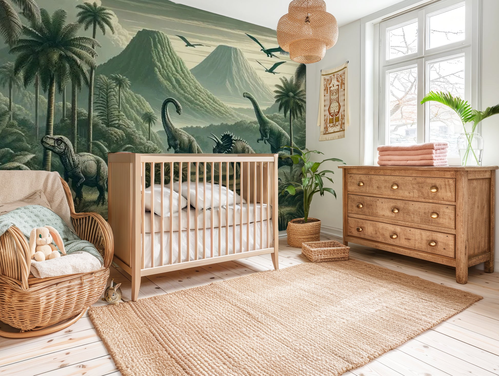 Forest dinosaur nursery mural wallpaper featuring green jungle foliage, illustrated dinosaurs, and a lush prehistoric setting, styled in a kids room.