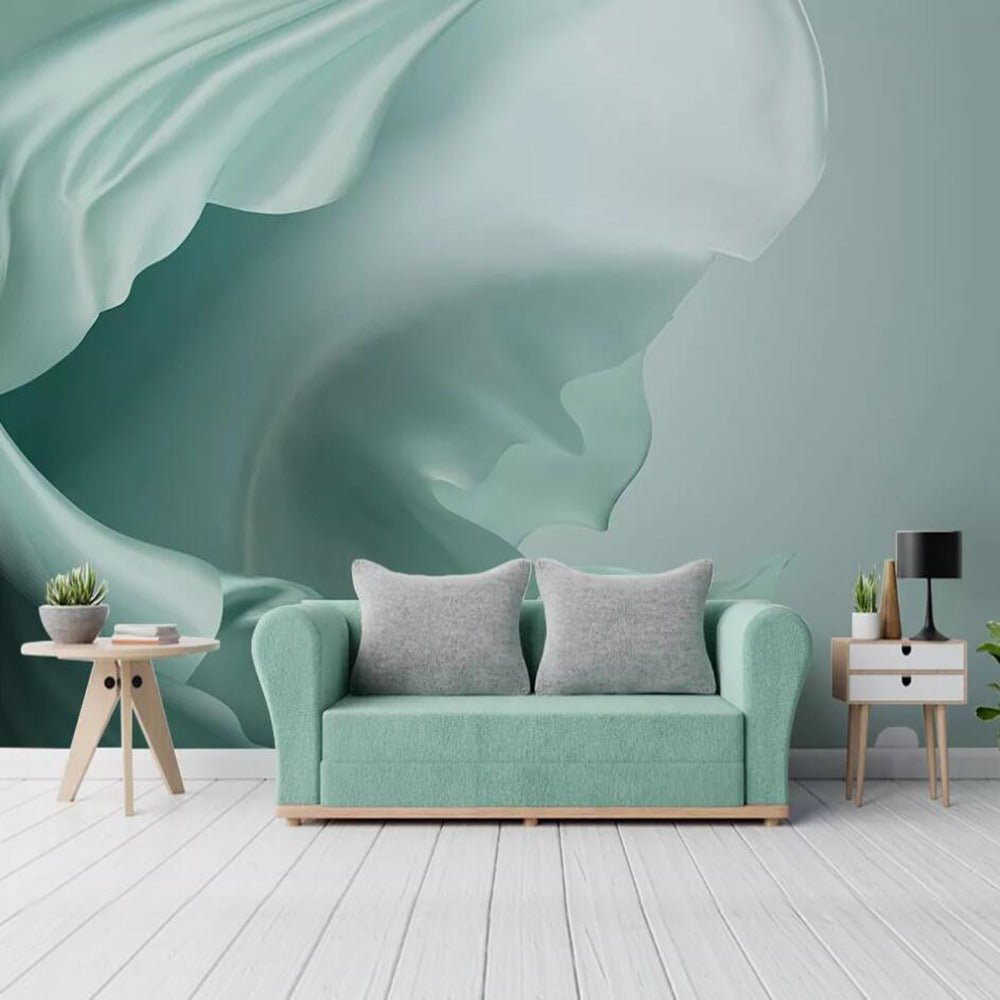 Abstract teal silk waves mural wallpaper – design detail