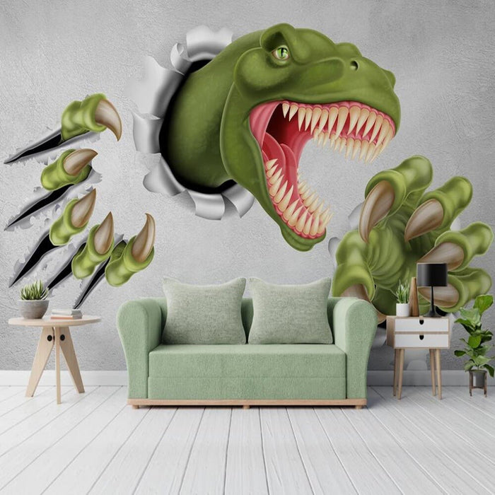 3D roaring dinosaur mural wallpaper for a kids' room