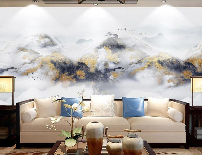 Abstract blue, white and gold rippled mountains mural wallpaper