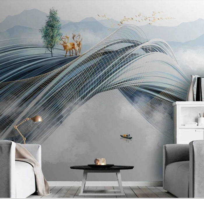 Abstract elk and waves bedroom mural wallpaper – design detail