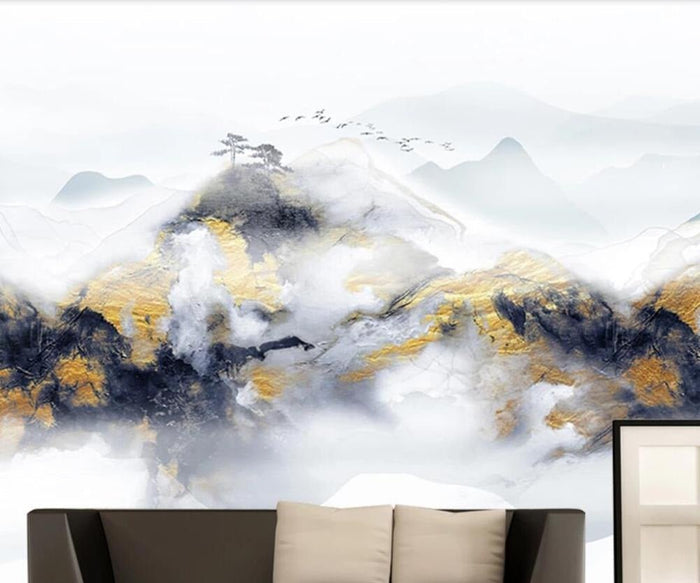 Abstract blue, white and gold rippled mountains mural wallpaper – design detail