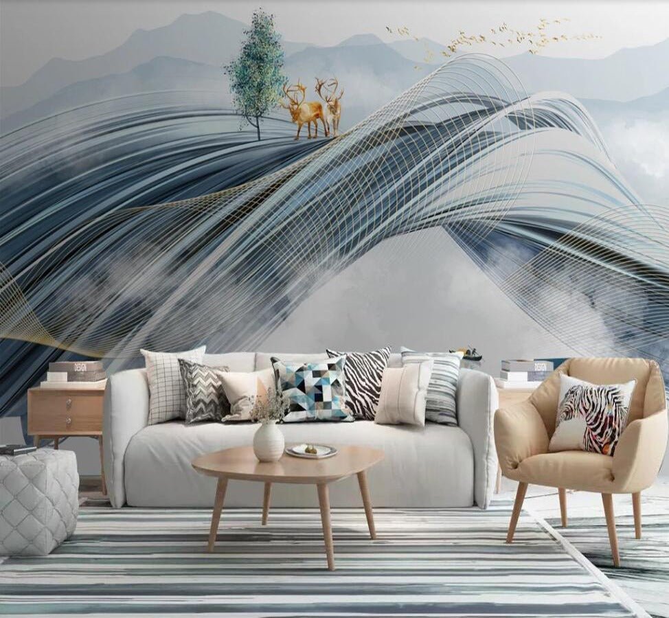 Abstract elk and waves bedroom mural wallpaper – design detail
