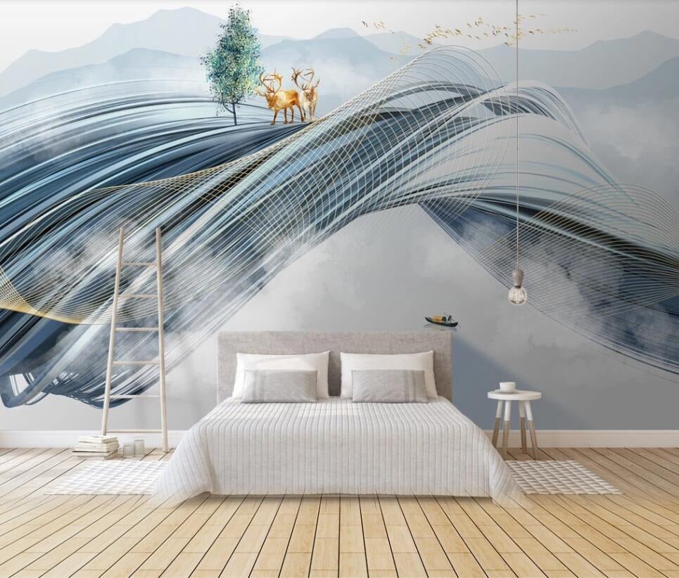 Abstract elk and waves mural wallpaper for a bedroom