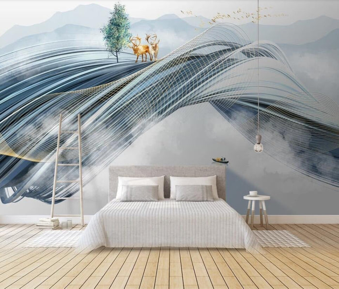 Abstract elk and waves mural wallpaper for a bedroom