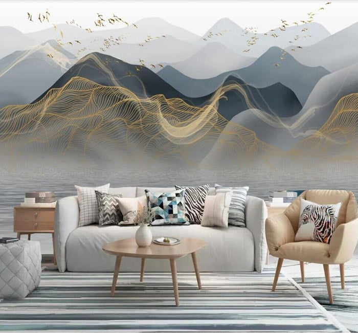Abstract blue and gold mountains mural wallpaper – design detail