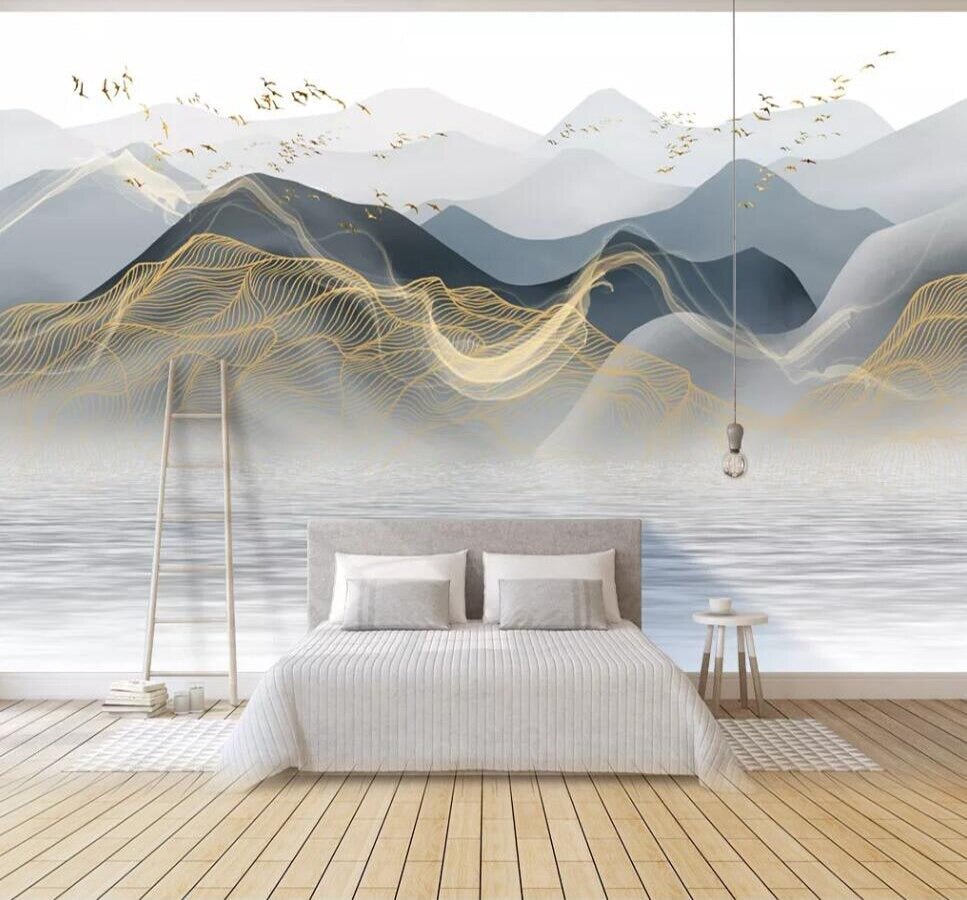 Abstract blue and gold mountains mural wallpaper