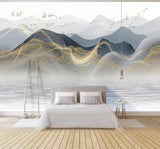 Abstract blue and gold mountains mural wallpaper