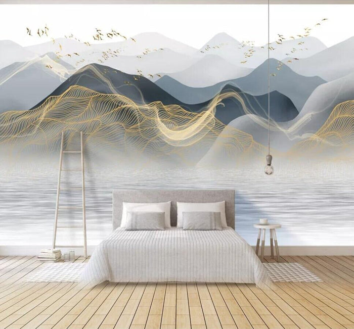 Abstract blue and gold mountains mural wallpaper