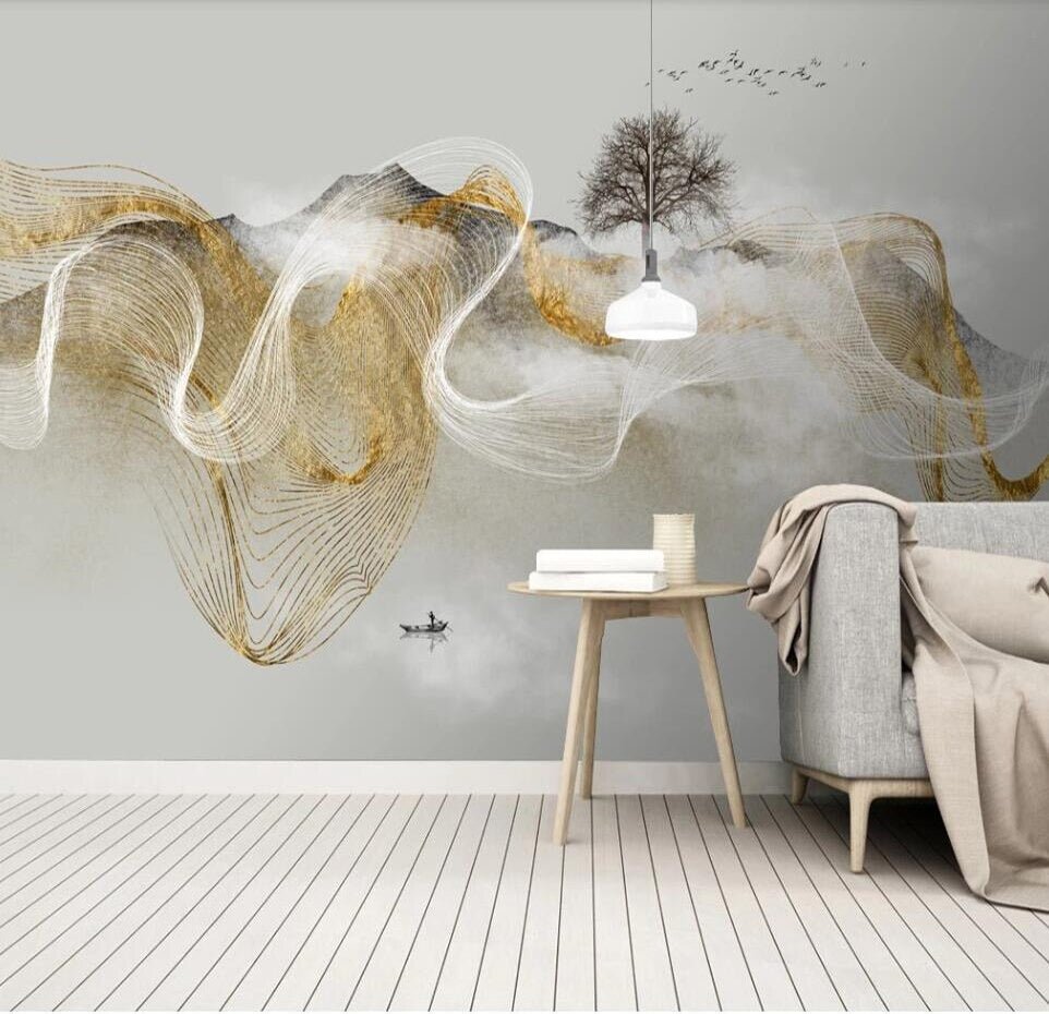 Abstract white and gold zen waves mural wallpaper – design detail