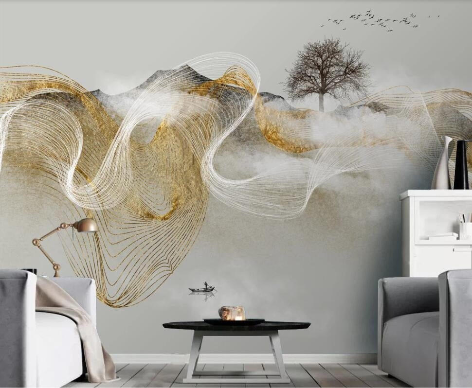 Abstract white and gold zen waves mural wallpaper