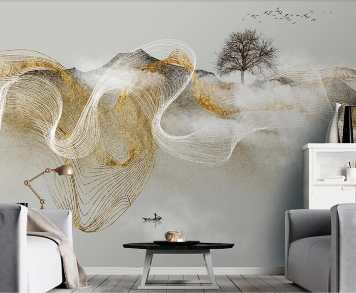 Abstract white and gold zen waves mural wallpaper