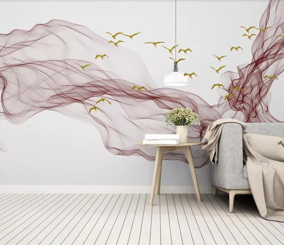 Abstract pink ripples and golden seagulls mural wallpaper – design detail