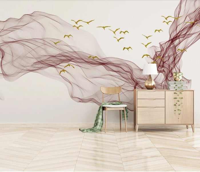 Abstract pink ripples and golden seagulls mural wallpaper
