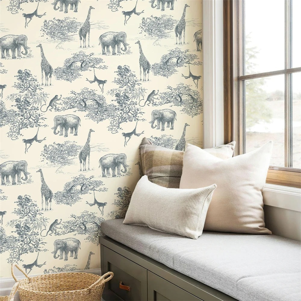 Navy and white classic safari animals mural wallpaper