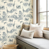 Navy and white classic safari animals mural wallpaper