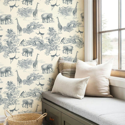 Navy and White Classic Safari Animals Wallpaper