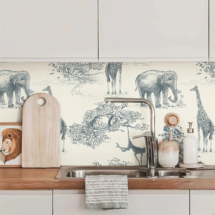 Navy and white classic safari animals mural wallpaper – design detail