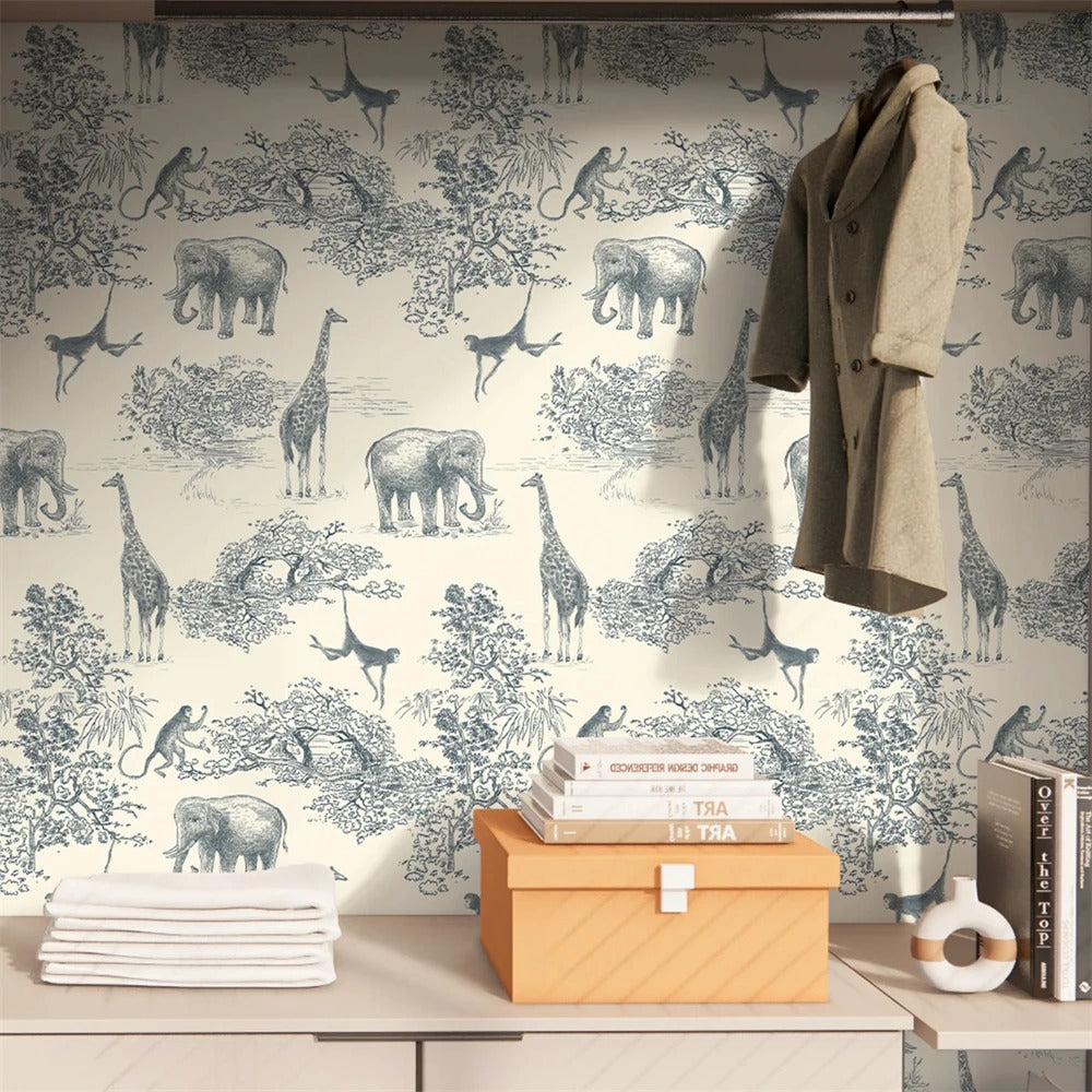 Navy and white classic safari animals mural wallpaper – design detail