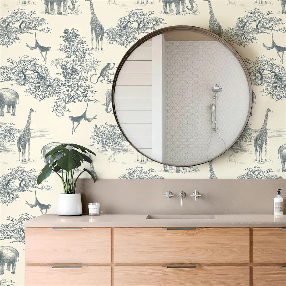 Navy and white classic safari animals mural wallpaper – design detail